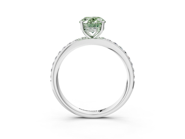 Platinum Fancy Green Oval  Cut Diamond Pavé Band Ring with Four-Prong Setting