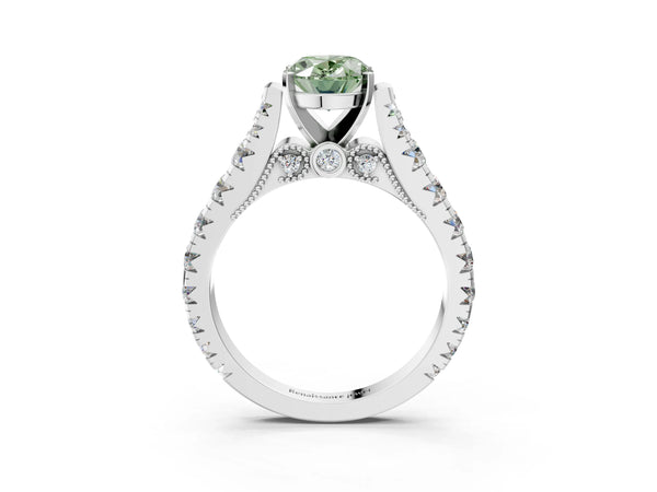 Platinum Fancy Green Oval Cut Diamond Classic Solitaire Ring with Pavé Band and Four-Prong Setting