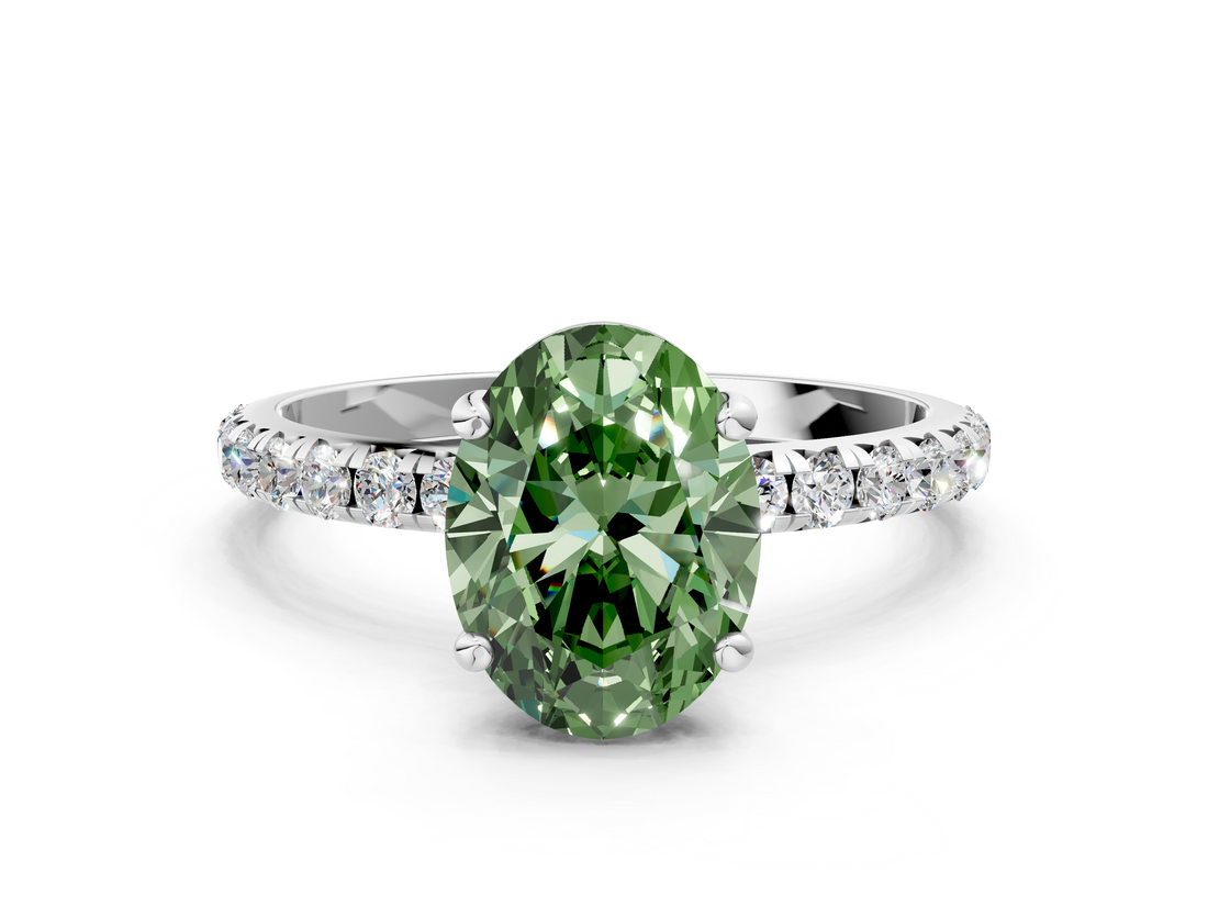 White gold Fancy Green Oval  Cut Diamond Pavé Band Solitaire with Four-Prong Setting_3