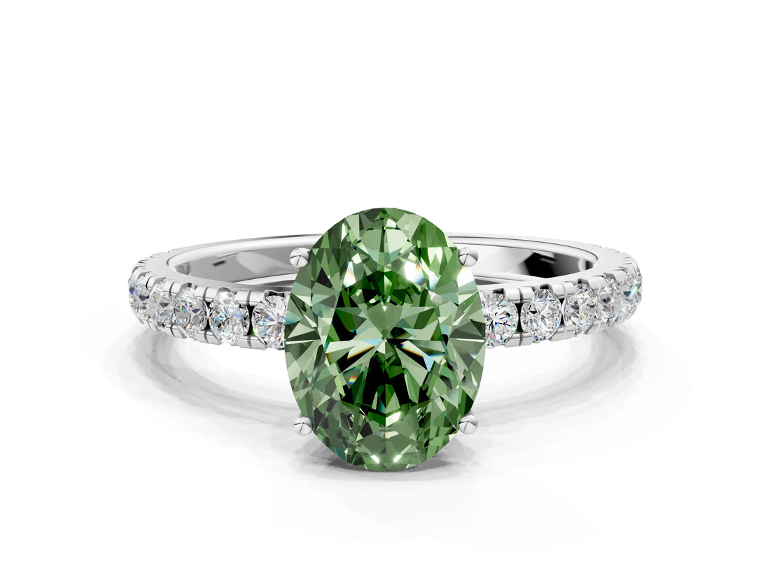 White gold Fancy Green Oval Cut Diamond Pavé Solitaire Engagement Ring with Four-Prong Setting_96
