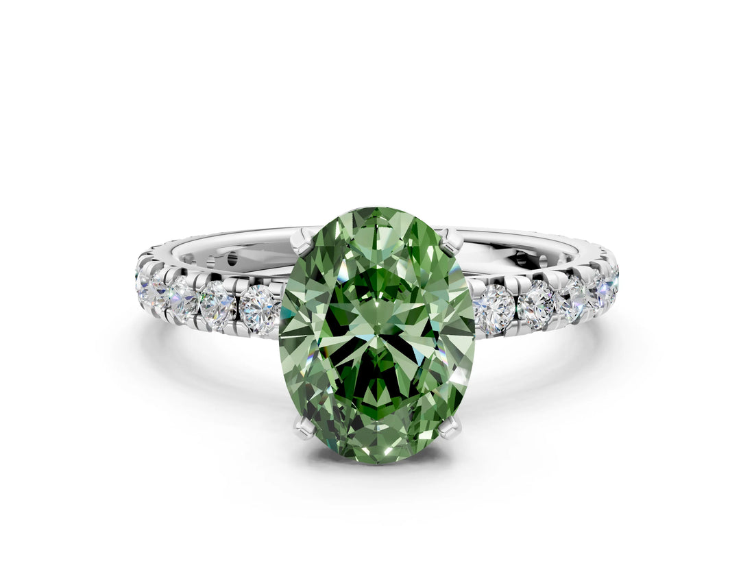 White gold Fancy Green Oval Cut Diamond Pavé Solitaire Ring with Round Band and Prong Setting_13