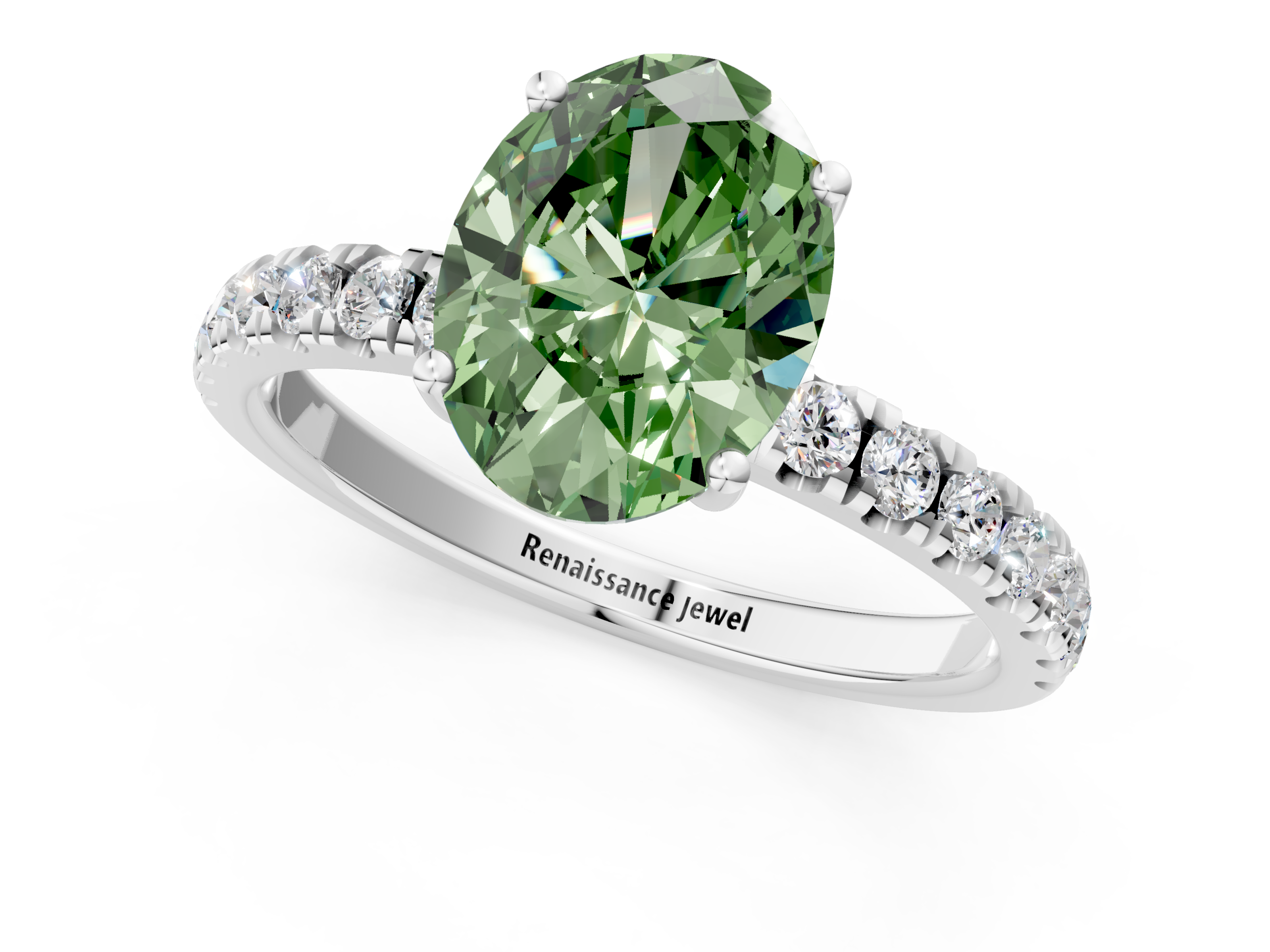 White gold Fancy Green Oval  Cut Diamond Pave Band Solitaire Ring with Four-Prong Setting_25