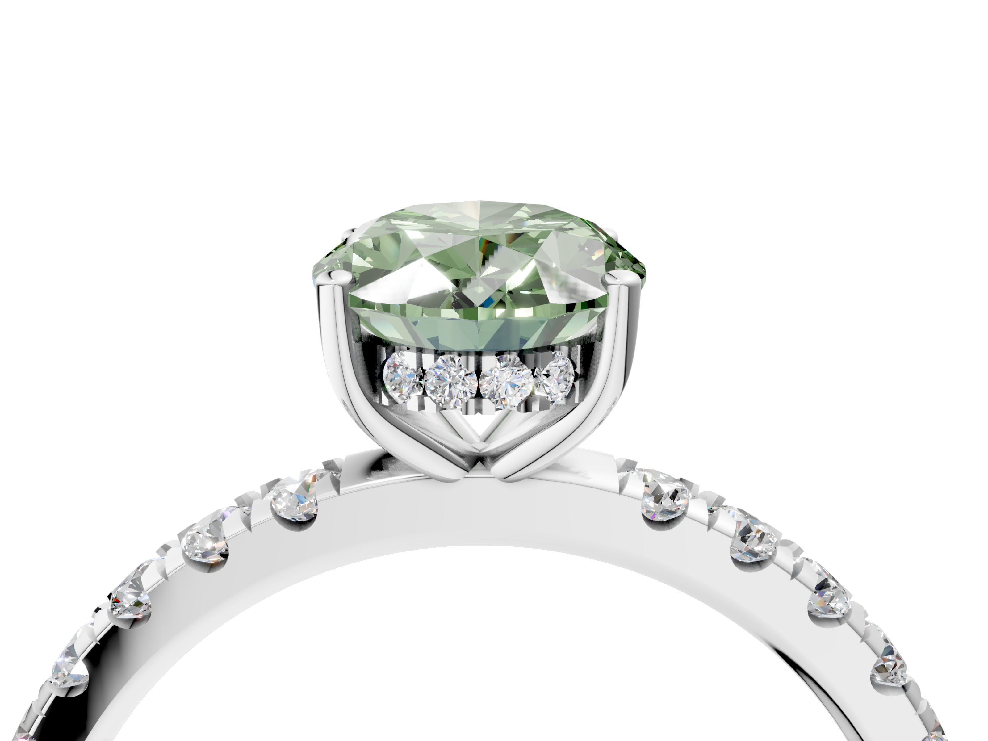 White gold Fancy Green Oval  Cut Diamond Pave Band Solitaire Ring with Four-Prong Setting_28