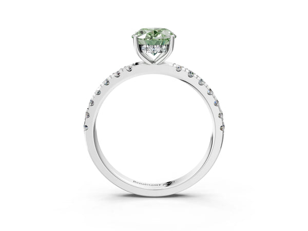 White gold Fancy Green Oval Cut Diamond Pave Band Solitaire Ring with Round  and Prong Setting