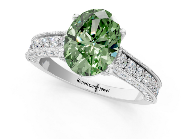 White gold Fancy Green Oval  Cut Diamond Solitaire Ring with Milgrain Pave Band and Four Prong Setting