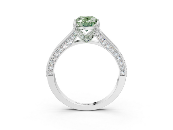 White gold Fancy Green Oval  Cut Diamond Solitaire Ring with Milgrain Pave Band and Four Prong Setting