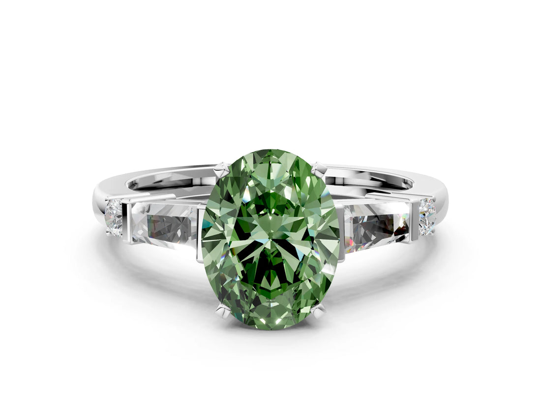 White gold Fancy Green Oval  Cut Diamond Ring with Baguette Side Stones, Channel Set Band, and Four-Prong Setting_36