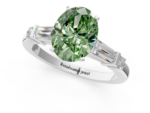 Platinum Fancy Green Oval  Cut Diamond Ring with Baguette Side Stones, Channel Set Band, and Four-Prong Setting