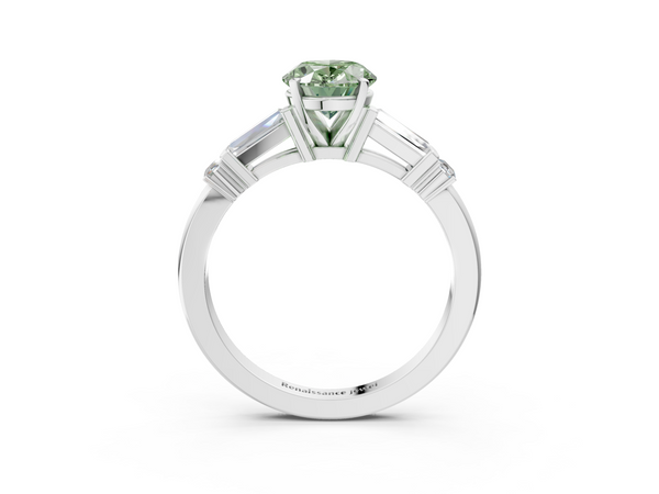 Platinum Fancy Green Oval  Cut Diamond Ring with Baguette Side Stones, Channel Set Band, and Four-Prong Setting