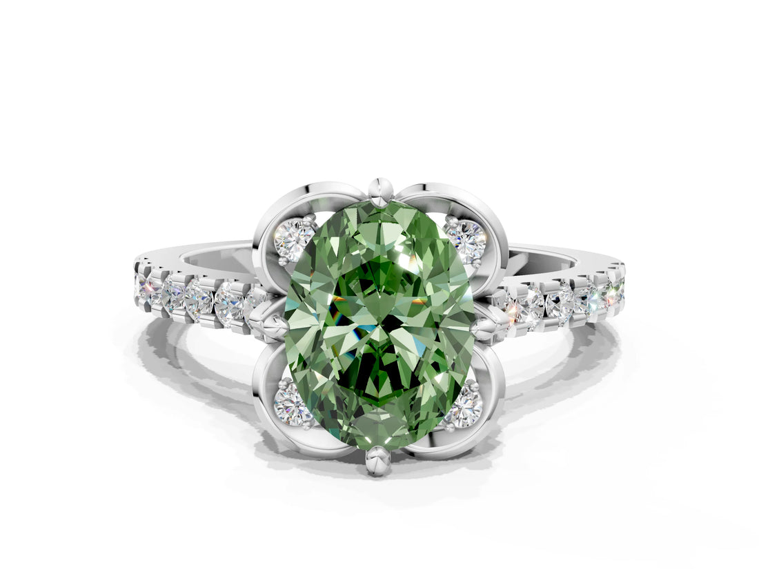 White gold Fancy Green Oval Cut Diamond Ring with Pavé Band and Floral Prong Setting_39