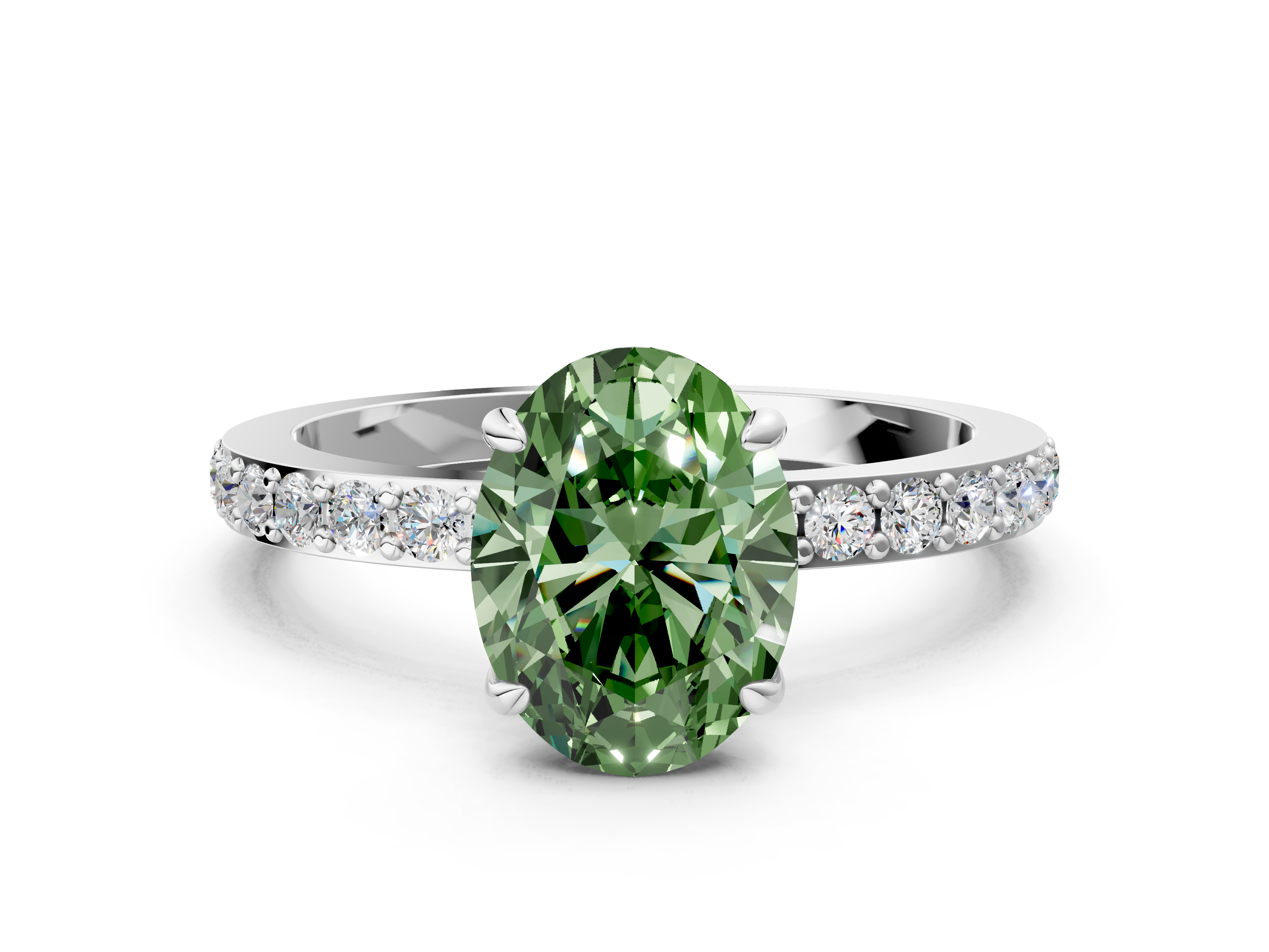 White gold Fancy Green Oval  Cut Diamond Ring with Pavé Band and Four-Prong Setting_50