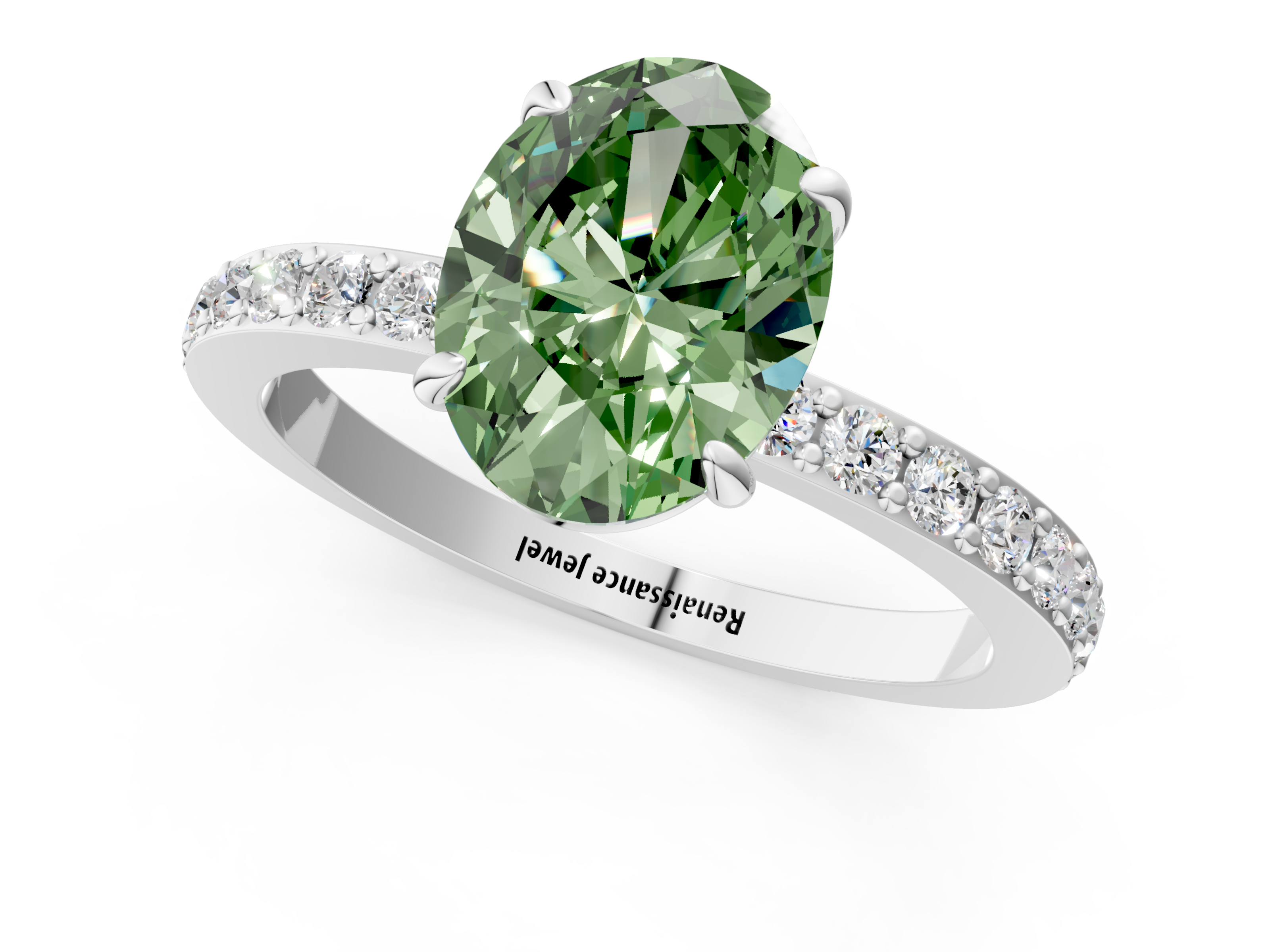 White gold Fancy Green Oval  Cut Diamond Ring with Pavé Band and Four-Prong Setting_51