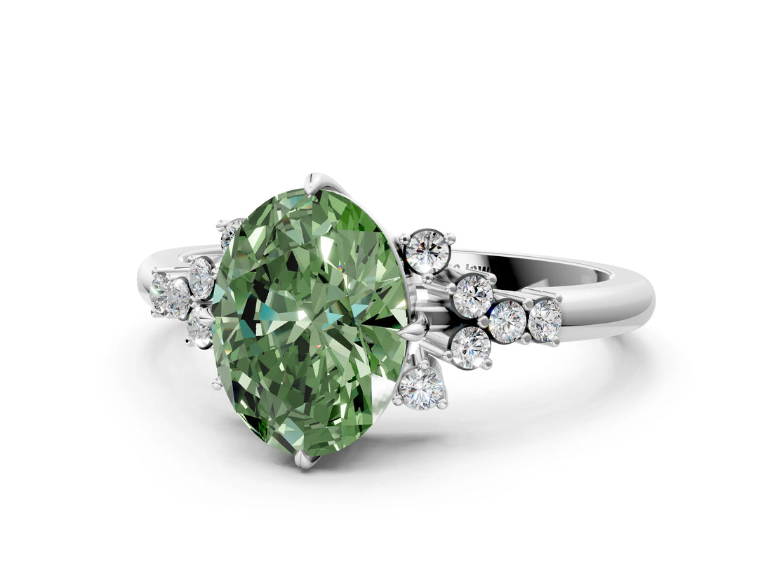 White gold Fancy Green Oval Cut Diamond Ring with Side Stones and Four-Prong Setting_12