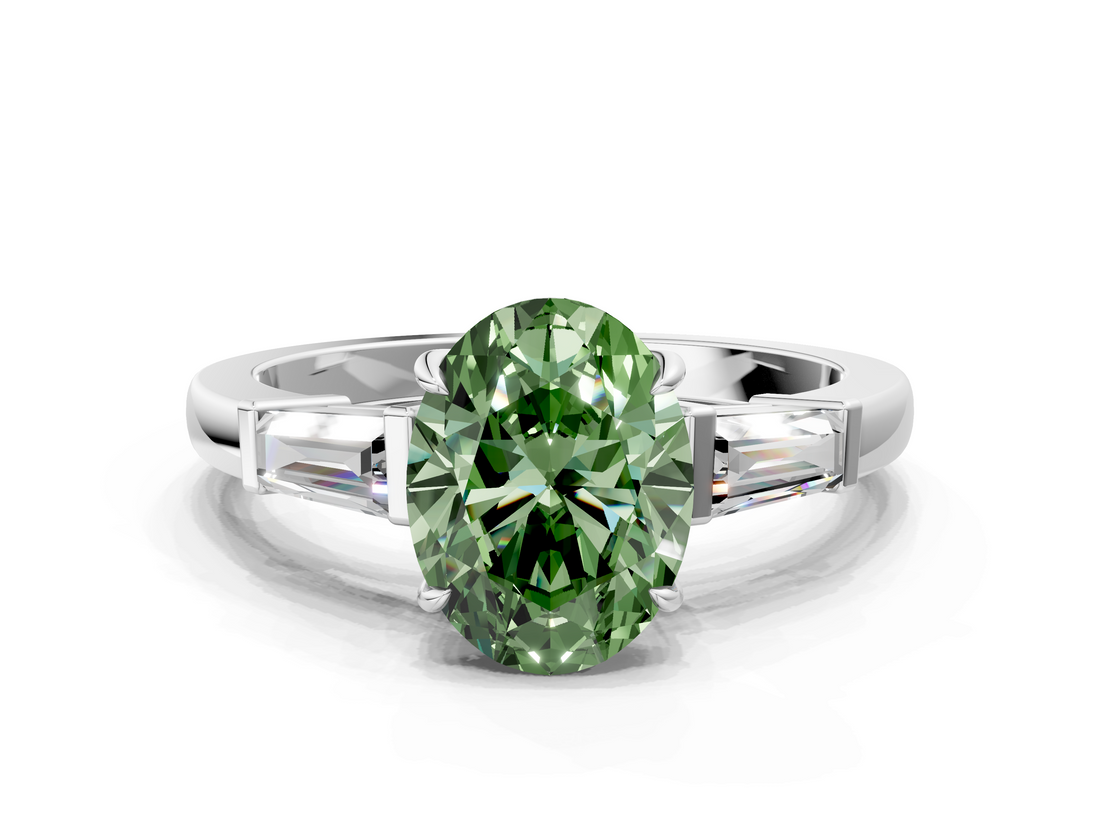 White gold Fancy Green Oval  Cut Diamond Ring with Tapered Baguette Side Stones in Four-Prong Setting_3