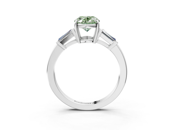Platinum Fancy Green Oval  Cut Diamond Ring with Tapered Baguette Side Stones in Four-Prong Setting