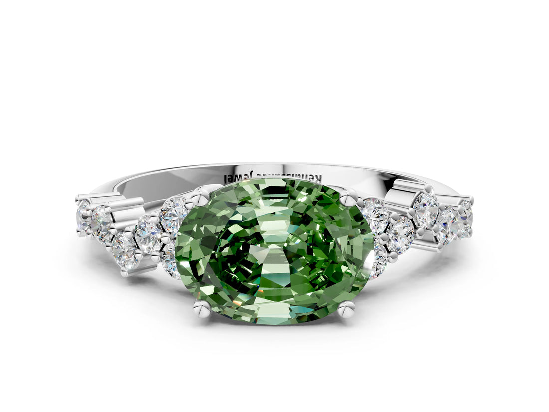 White gold Fancy Green Oval Cut Diamond Scattered Round Accent Ring with Prong Setting_12