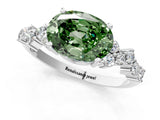 White gold Fancy Green Oval Cut Diamond Scattered Round Accent Ring with Prong Setting_13