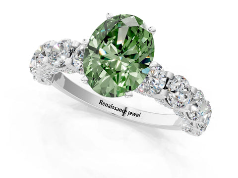 White gold Fancy Green Oval Cut Diamond Side Stone Engagement Ring with Four-Prong Setting_31