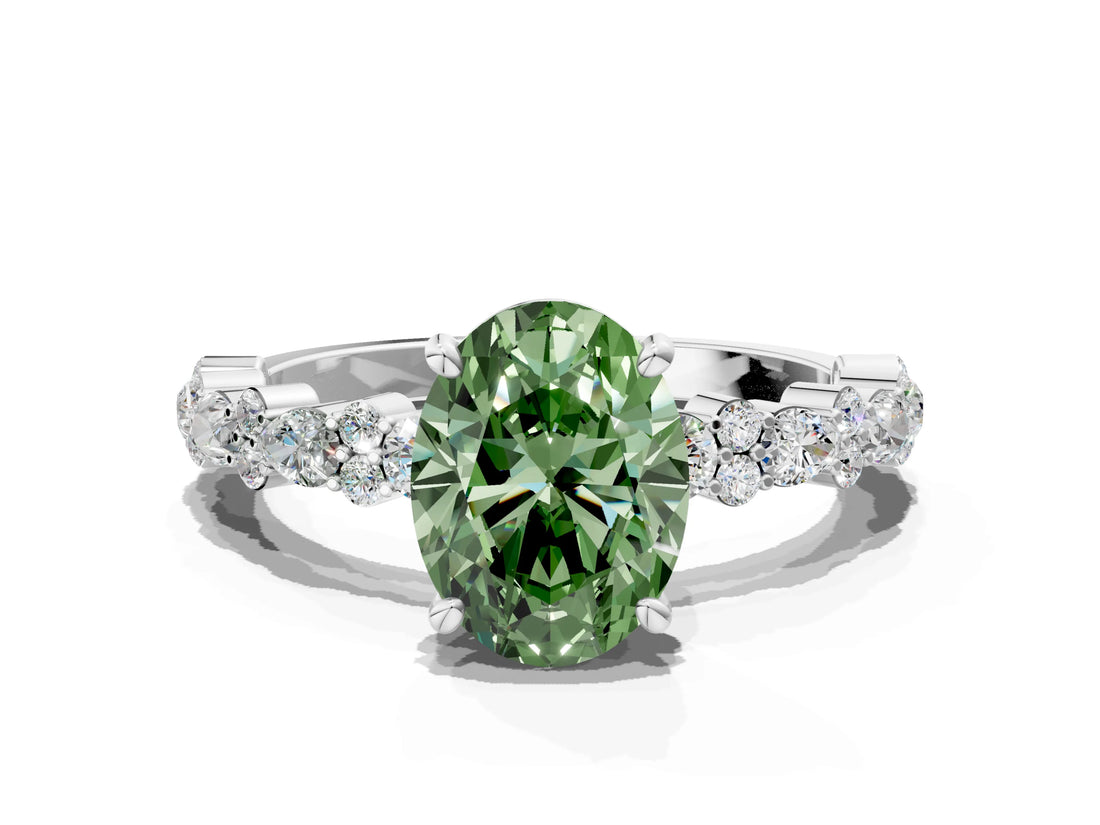 White gold Fancy Green Oval Cut Diamond Side Stone Solitaire Ring with Round  and Four-Prong Setting_156