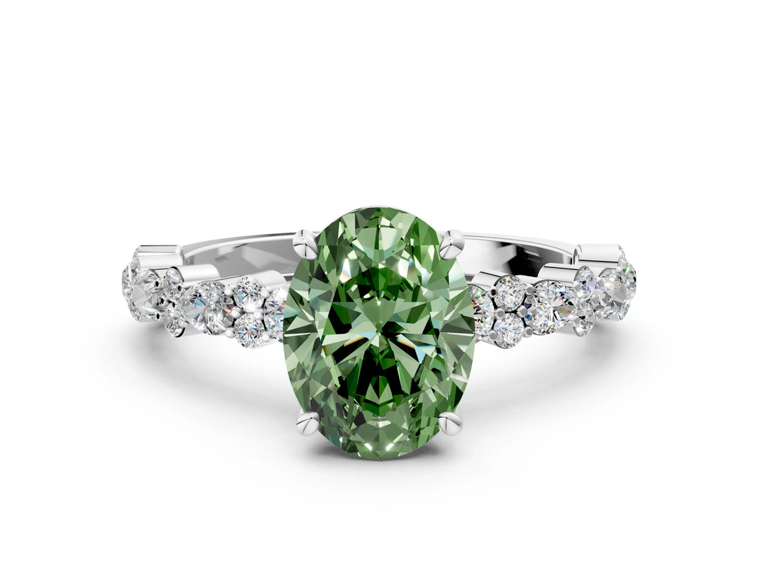 White gold Fancy Green Oval Cut Diamond Side Stone Solitaire Ring with Round  and Four-Prong Setting_37