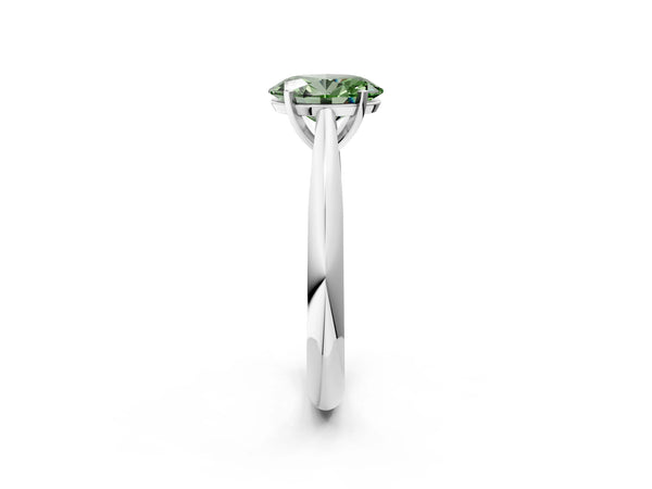 White gold Fancy Green Oval Cut Diamond Solitaire Engagement Ring with Cathedral Setting and Four-Prong Mount