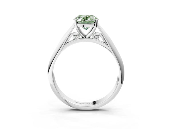 White gold Fancy Green Oval Cut Diamond Solitaire Engagement Ring with Cathedral Setting and Four-Prong Mount
