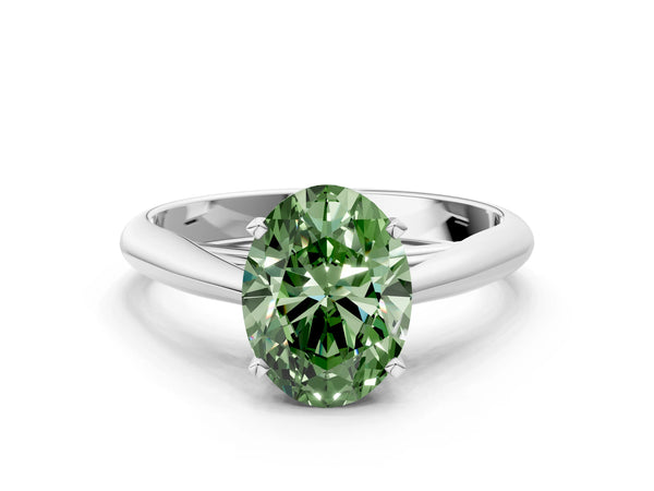 White gold Fancy Green Oval Cut Diamond Solitaire Engagement Ring with Cathedral Setting and Four-Prong Mount