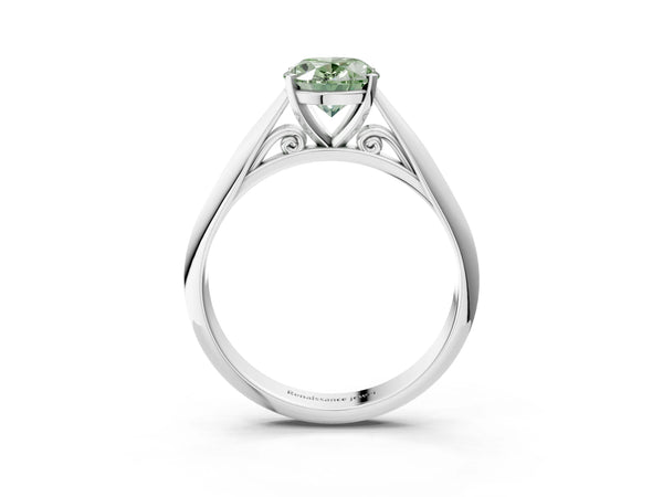 White gold Fancy Green Oval Cut Diamond Solitaire Engagement Ring with Cathedral Setting and Four-Prong Mount
