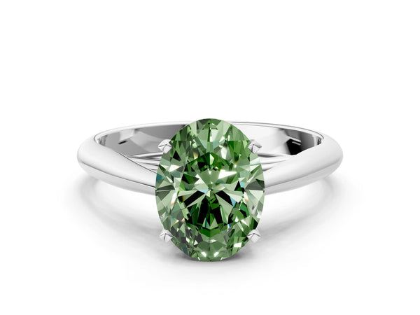 White gold Fancy Green Oval Cut Diamond Solitaire Engagement Ring with Cathedral Setting and Four-Prong Mount