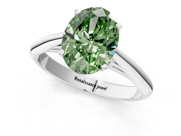 White gold Fancy Green Oval Cut Diamond Solitaire Engagement Ring with Cathedral Setting and Four-Prong Mount