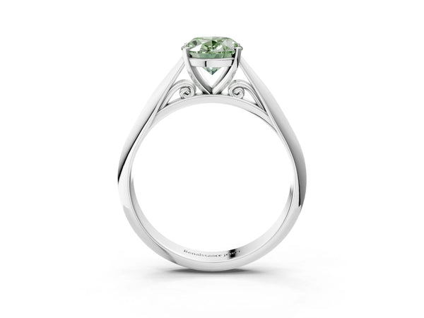 White gold Fancy Green Oval Cut Diamond Solitaire Engagement Ring with Cathedral Setting and Four-Prong Mount