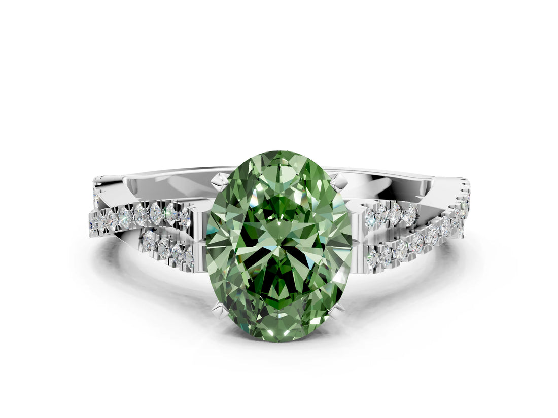 White gold Fancy Green Oval Cut Diamond Solitaire Engagement Ring with Twisted Pavé Band and Four-Prong Setting_80