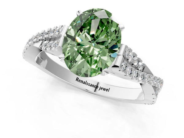White gold Fancy Green Oval Cut Diamond Solitaire Engagement Ring with Twisted Pavé Band and Four-Prong Setting