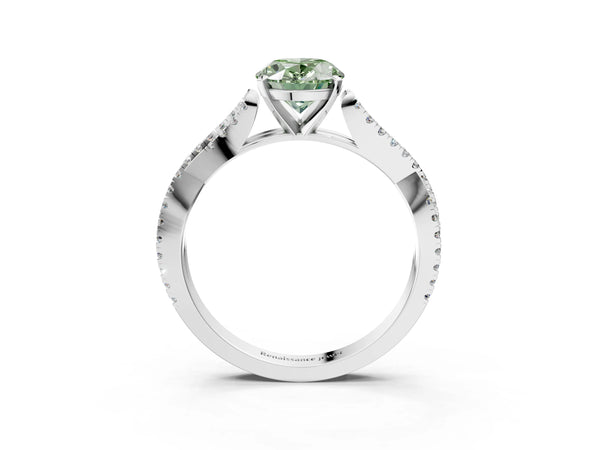 White gold Fancy Green Oval Cut Diamond Solitaire Engagement Ring with Twisted Pavé Band and Four-Prong Setting