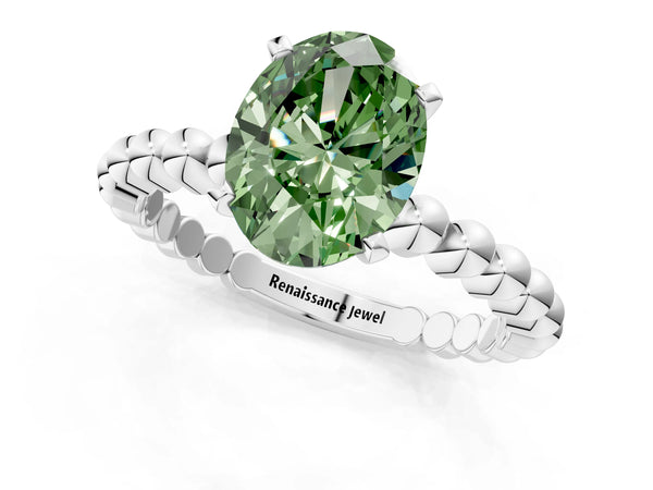 White gold Fancy Green Oval Cut Diamond Solitaire Ring with Beaded Band and Prong Setting