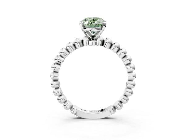 White gold Fancy Green Oval Cut Diamond Solitaire Ring with Beaded Band and Prong Setting