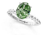 White gold Fancy Green Oval Cut Diamond Solitaire Ring with Beaded Band and Prong Setting_381
