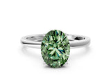 White gold Fancy Green Oval Cut Diamond Solitaire Ring with Classic Band and Four-Prong Setting