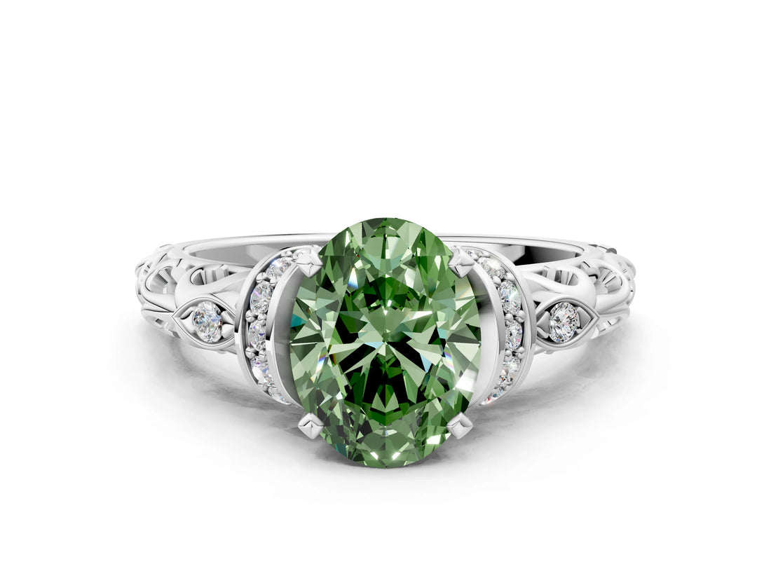 White gold Fancy Green Oval Cut Diamond Solitaire Ring with Filigree Band and Four-Prong Setting_84