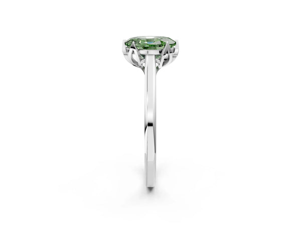 White gold Fancy Green Oval Cut Diamond Solitaire Ring with Flower Prong Setting and Classic Band