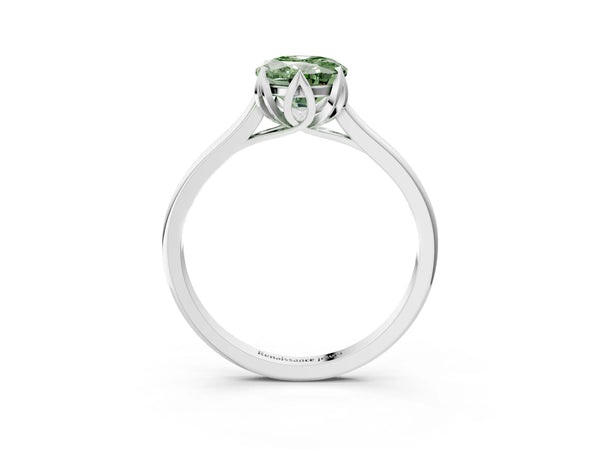 White gold Fancy Green Oval Cut Diamond Solitaire Ring with Flower Prong Setting and Classic Band