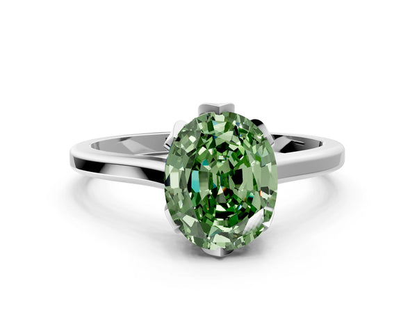 White gold Fancy Green Oval Cut Diamond Solitaire Ring with Flower Prong Setting and Classic Band