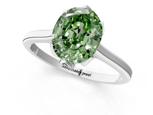White gold Fancy Green Oval Cut Diamond Solitaire Ring with Flower Prong Setting and Classic Band