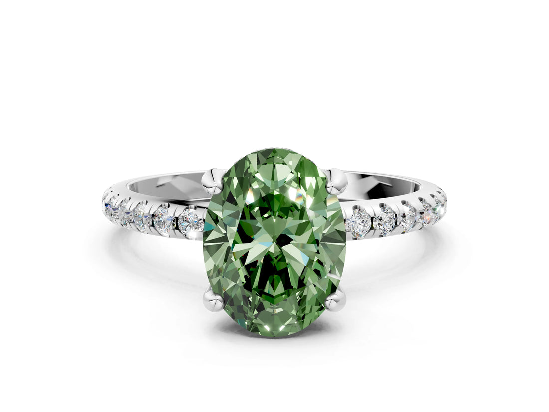 White gold Fancy Green Oval Cut Diamond Solitaire Ring with Four-Prong Setting and Pavé Band_15