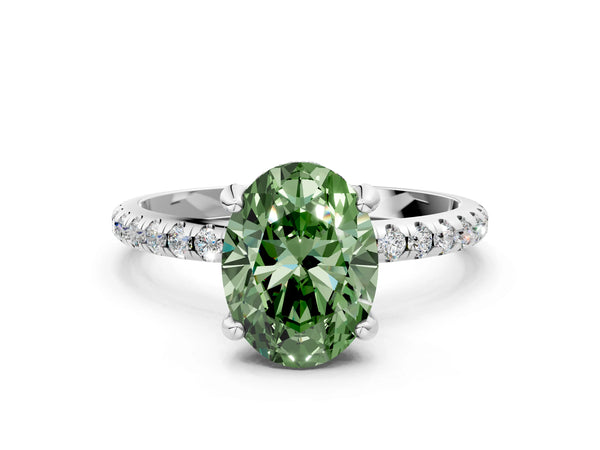 White gold Fancy Green Oval Cut Diamond Solitaire Ring with Four-Prong Setting and Pavé Band