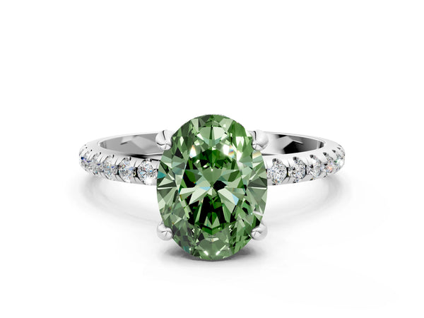 White gold Fancy Green Oval Cut Diamond Solitaire Ring with Four-Prong Setting and Pavé Band
