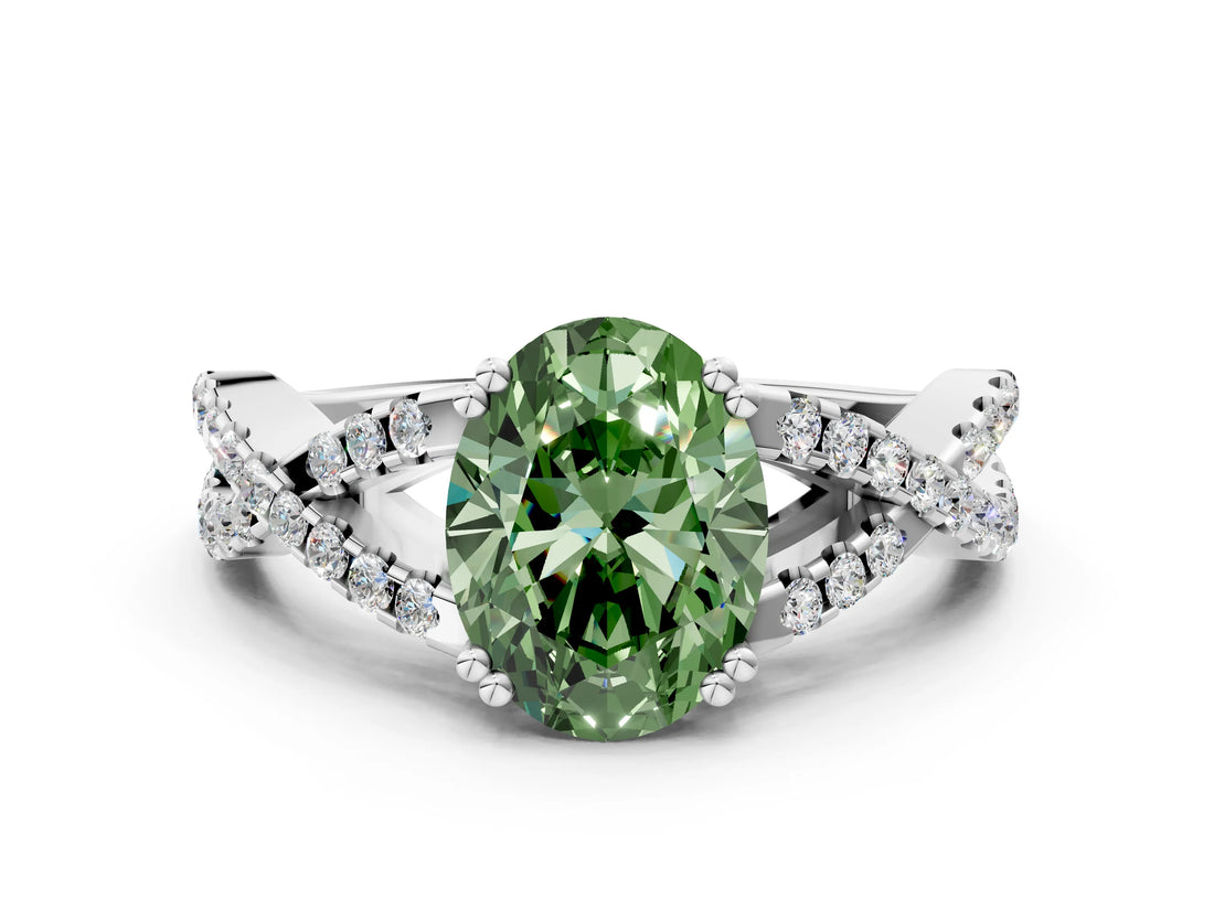 White gold Fancy Green Oval Cut Diamond Solitaire Ring with Four-Prong Setting and Twisted Pavé Band_34