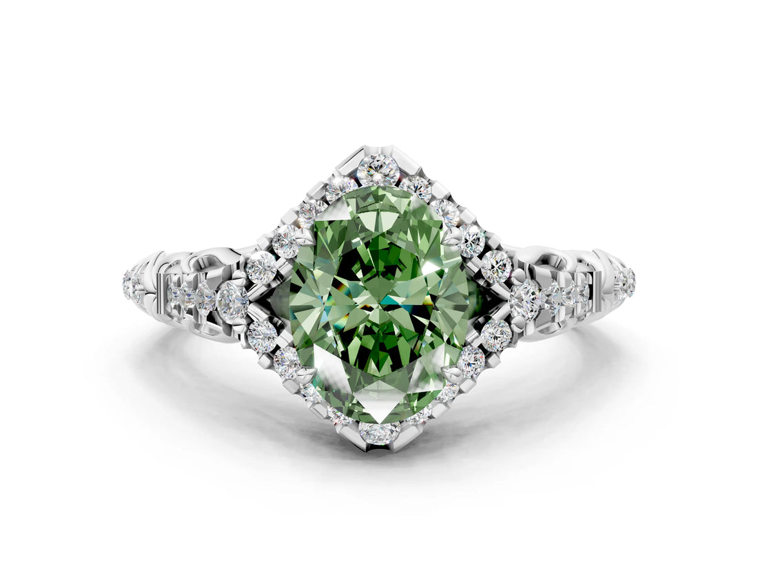 White gold Fancy Green Oval Cut Diamond Solitaire Ring with Hidden Halo and Pavé Band_73