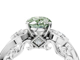 White gold Fancy Green Oval Cut Diamond Solitaire Ring with Milgrain Pavé Band and Four-Prong Setting_247