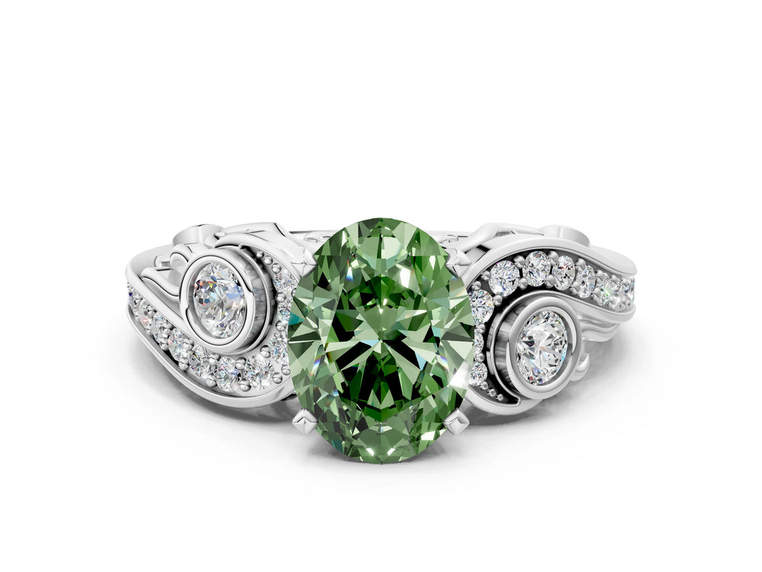 White gold Fancy Green Oval Cut Diamond Solitaire Ring with Milgrain Pavé Band and Four-Prong Setting_249